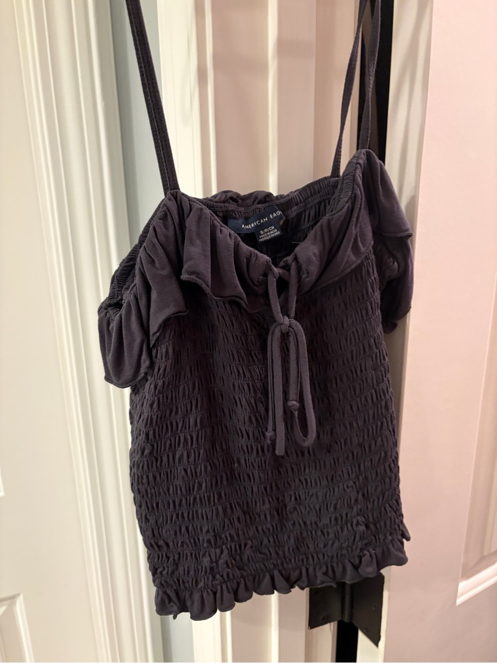 American Eagle Outfitters Dark Grey Smocked Cami with Ruffle Neckline